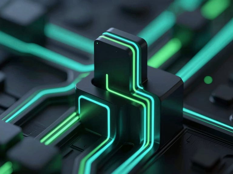 Macro close-up of abstract 3D cybernetic architecture with glowing green and cyan light paths, dark background