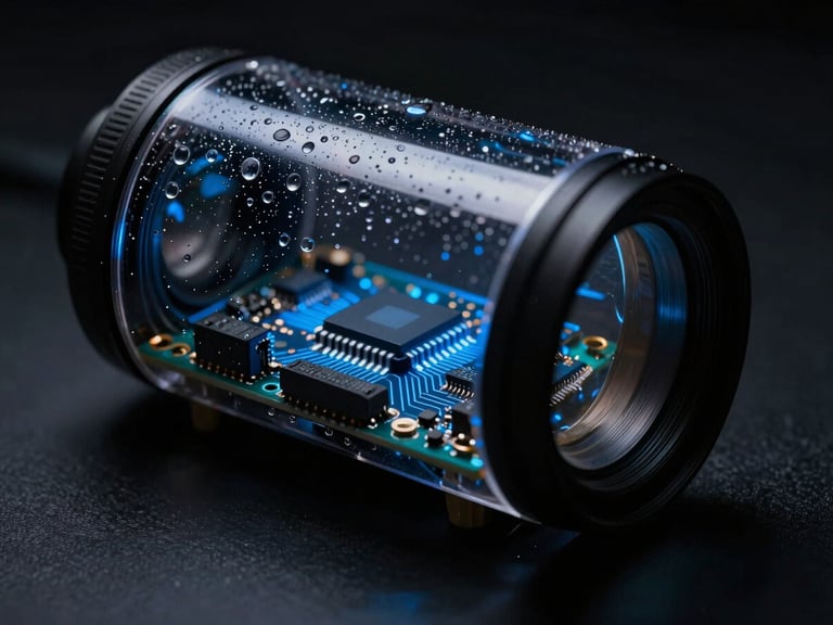 Macro photography of a custom circuit board with glowing blue microchips inside a weather-proof transparent enclosure, tiny droplets of condensation, dark background, cinematic moody lighting, 35mm anamorphic lens