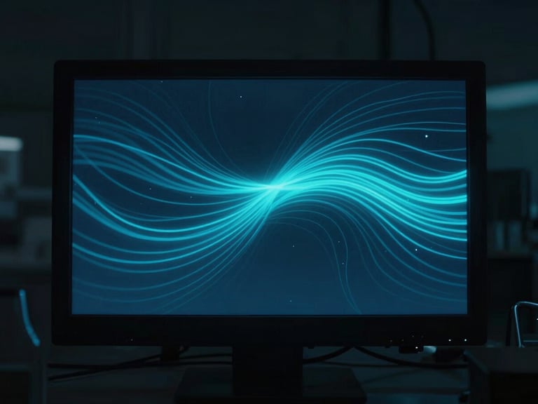 A glowing cyan vector flow map of wind currents displayed on a high-contrast dark monitor in a dimly lit laboratory, soft blue glow, cinematic moody photography, low-key lighting, 35mm anamorphic lens