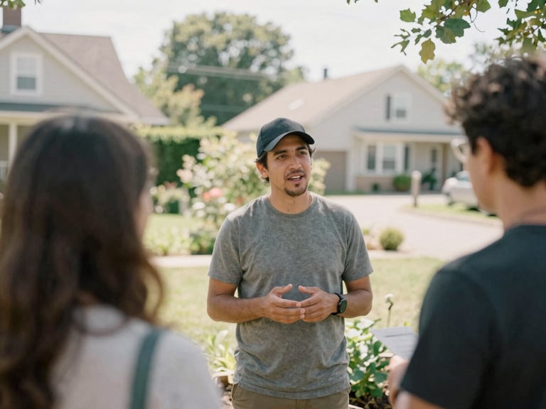 Medium shot of a local community leader speaking with an organizer in a sunlit neighborhood garden, soft natural daylight, warm editorial photography, medium format film aesthetic