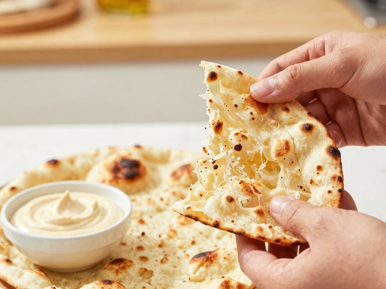 Hands tearing a piece of warm, fluffy naan bread, lightly charred, next to a small bowl of dip, bright kitchen scene.