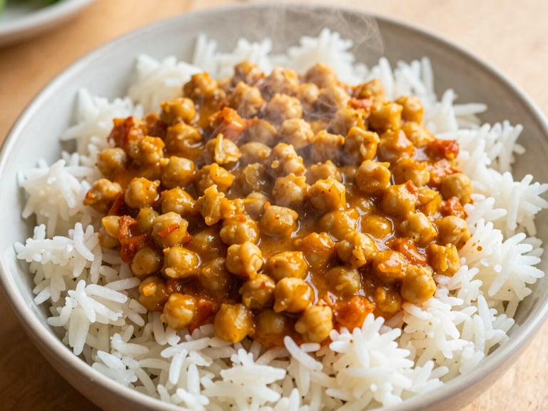 Overhead shot of a bowl of hearty chana masala (chickpea curry) with a side of fluffy rice, steam rising, warm domestic kitchen setting.