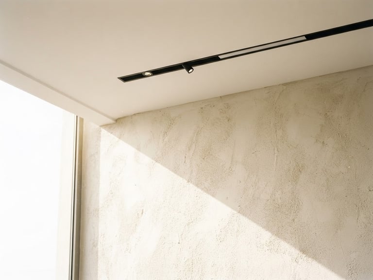 Bright architectural photography of a sun-drenched modern interior in Mosul, featuring minimalist linear ceiling light fixtures casting soft natural daylight onto textured plaster walls, 35mm, sharp macro detail.
