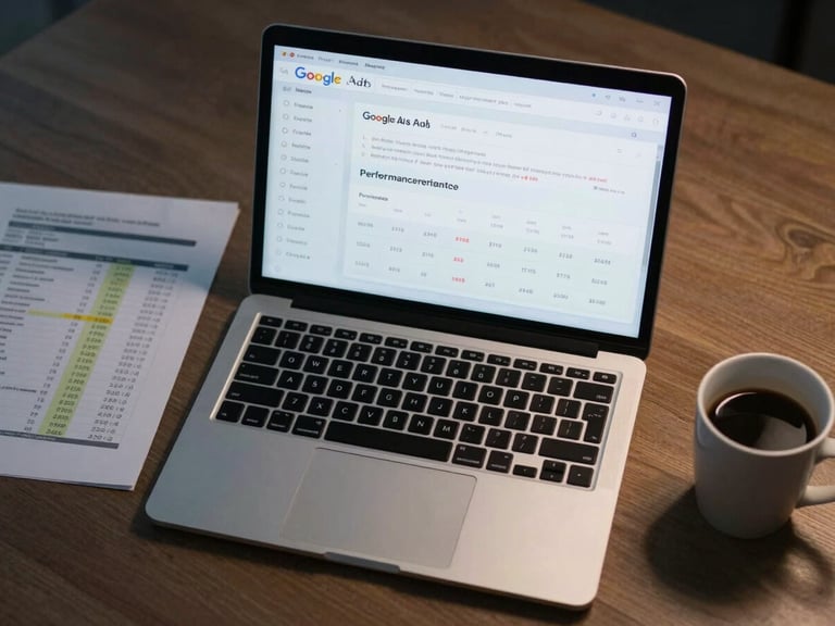 Overhead view of a desk with an open laptop showing Google Ads performance metrics, a printed report with highlighted cost columns, and a coffee cup to the side, cool studio lighting, no faces visible