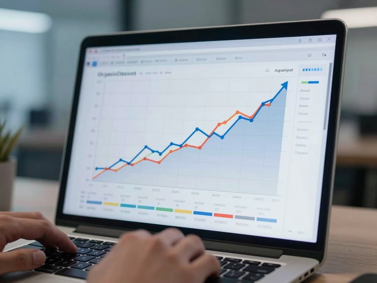 Close-up of a laptop screen displaying an analytics dashboard with organic traffic growth curves, multiple colored trend lines ascending sharply, cool blue office ambient light, hands resting at keyboard edge visible in lower frame