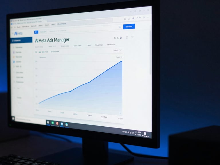 Close-up of a monitor showing a Meta Ads Manager dashboard with a campaign labeled for immigration services, lead volume chart trending upward, cool blue ambient light, keyboard partially visible at bottom edge