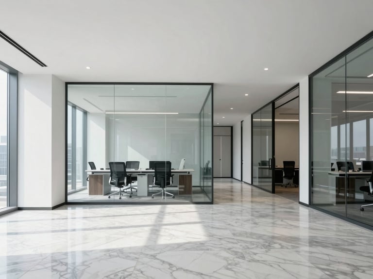 Bright modern corporate office interior with spotless marble floors and glass partitions, cool daylight, minimalist architectural style