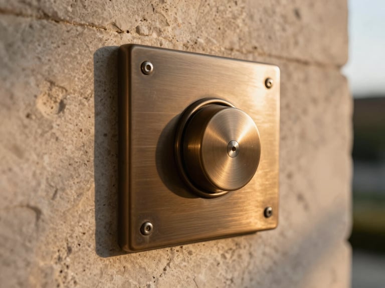 Macro detail of a brushed bronze control panel flush with a textured limestone wall, warm low-angle twilight casting long shadows, soft focus background.