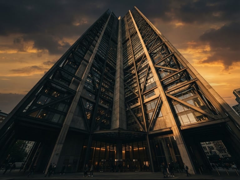 Dramatic low-angle architectural photography of a modern steel and concrete skyscraper facade during golden hour, sharp lines, deep shadows, ultra-wide lens