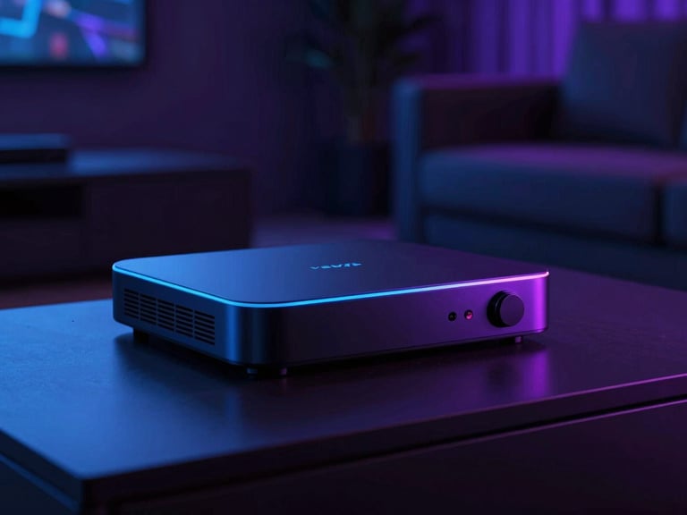 A sleek streaming device catching neon blue ambient light in a dark modern home theater room, shallow depth of field, 35mm