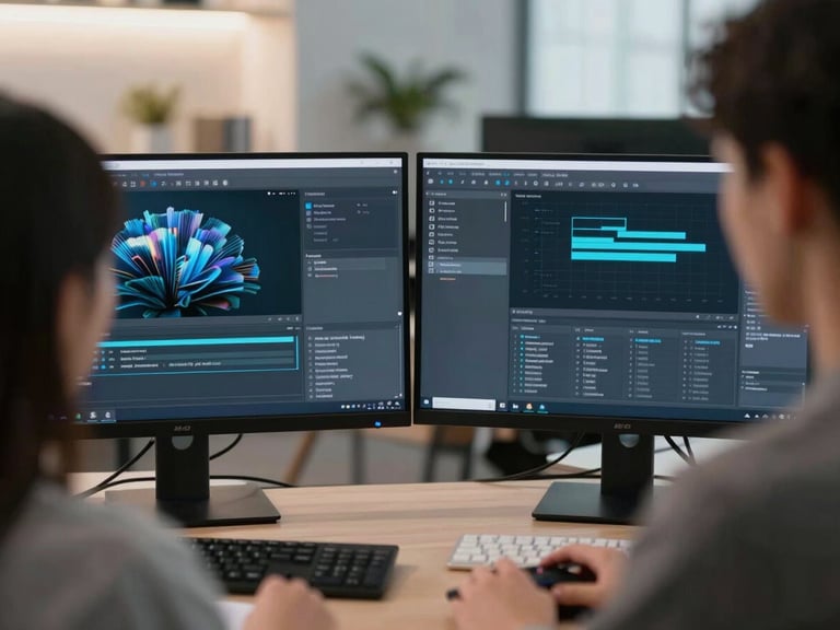 Over-the-shoulder view of professional software interfaces on dual monitors, clean modern office environment with warm and cool lighting mix.