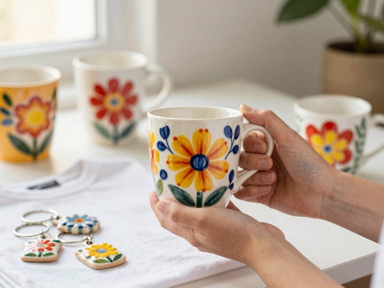Primer plano de una mano latina sosteniendo un tazón de cerámica sublimado con un diseño floral vibrante, con otros productos personalizados (poleras, llaveros) desenfocados en el fondo, luz natural suave, colores vivos, shallow depth of field.