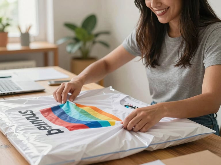 Una persona latina sonriendo mientras empaca cuidadosamente una polera sublimada recién hecha en una bolsa de envío, en un espacio de trabajo casero bien iluminado, transmitiendo satisfacción y eficiencia, shallow depth of field.