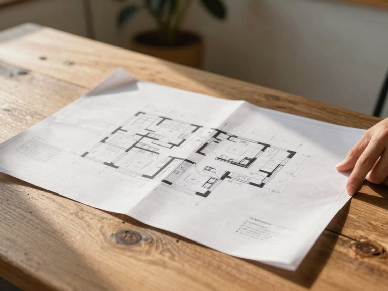 A designer reviewing architectural blueprints on a rustic oak table, warm natural morning light, soft shadows, editorial 35mm photography