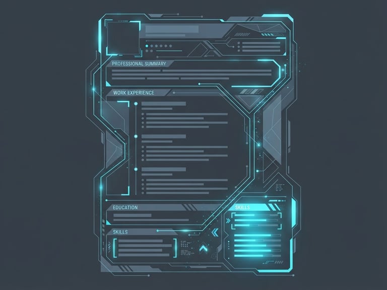 Sleek digital product mockup of an ATS-optimized resume structure, dark mode slate gray background, glowing cyan lines highlighting key skills, sharp geometric vector style.