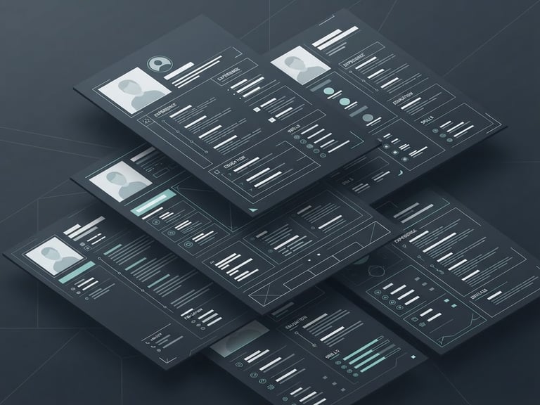 Sleek digital UI mockup of multiple resume templates overlapping, dark mode slate gray aesthetic, crisp geometric vector style, high-contrast typography, 16:9 ratio