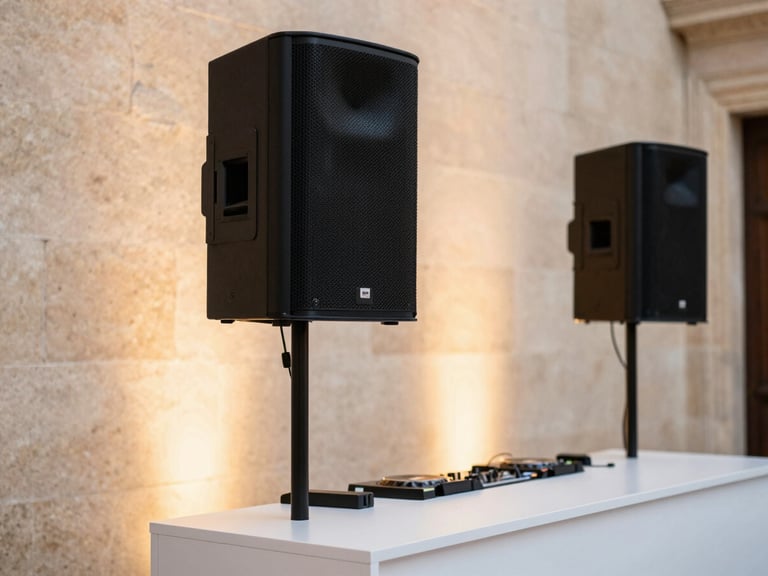 Close-up of premium, clean matte black audio speakers and minimalist DJ booth, no visible wires, soft warm uplighting on a historic stone wall, elegant luxury event setting