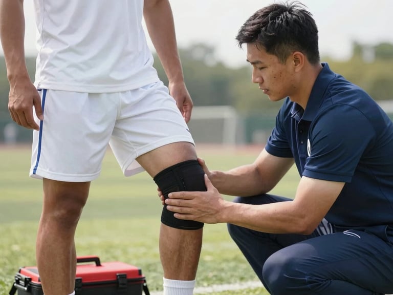 Certified athletic trainer actively assessing an athlete's knee on a sports field, bright natural daylight, professional medical kit visible nearby.