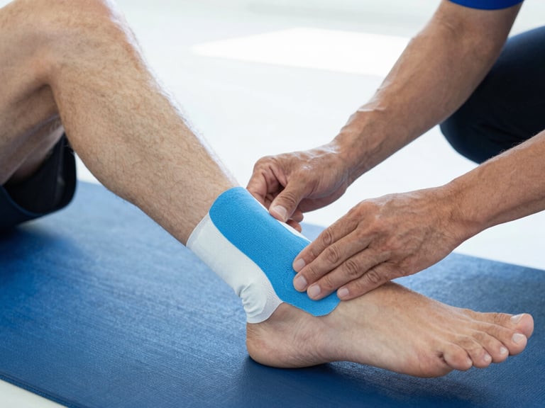 Close-up of hands of a certified athletic trainer applying athletic tape to an athlete's ankle, on a mat, crisp indoor lighting.