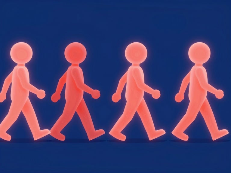 Luminous 2D character animation loop frame, a stylized figure walking with a smooth rhythmic stride, vibrant coral light on a deep blue canvas, sharp vector style