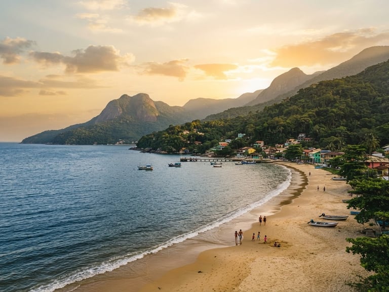 Wide environmental landscape of Praia de Muriqui at golden hour, where the lush green Atlantic forest mountains meet the calm blue ocean, soft sunlight, 35mm film aesthetic.