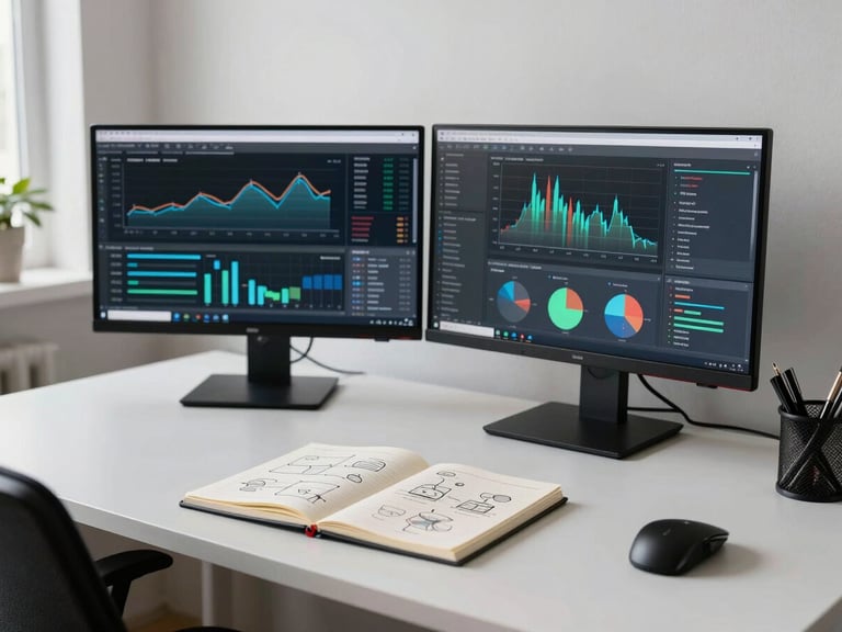 Wide-angle environmental shot of a modern quiet workspace, clean desk with dual monitors showing live analytics, physical notebook with strategic diagrams, natural side-lighting