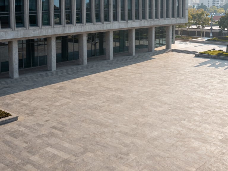 High-angle environmental photograph of a monumental civic plaza, crisp morning light, sharp structural lines of concrete and glass, minimal composition with generous negative space.