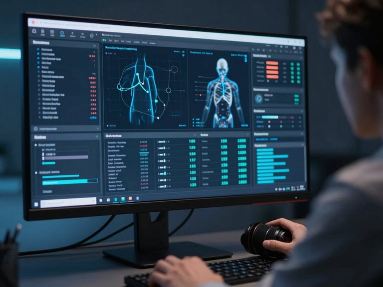 Sleek dark-mode technology photography showing a close-up of a software developer analyzing complex medical data visualizations on a dark monitor with cool blue backlight, sharp focus, 35mm lens.