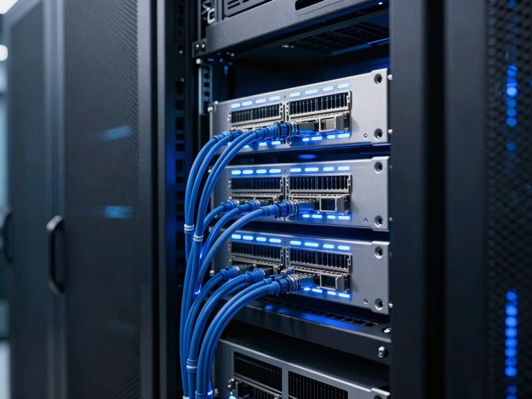 High-tech server environment with glowing blue and silver backlights, networking cables, clean futuristic server racks, sharp focus