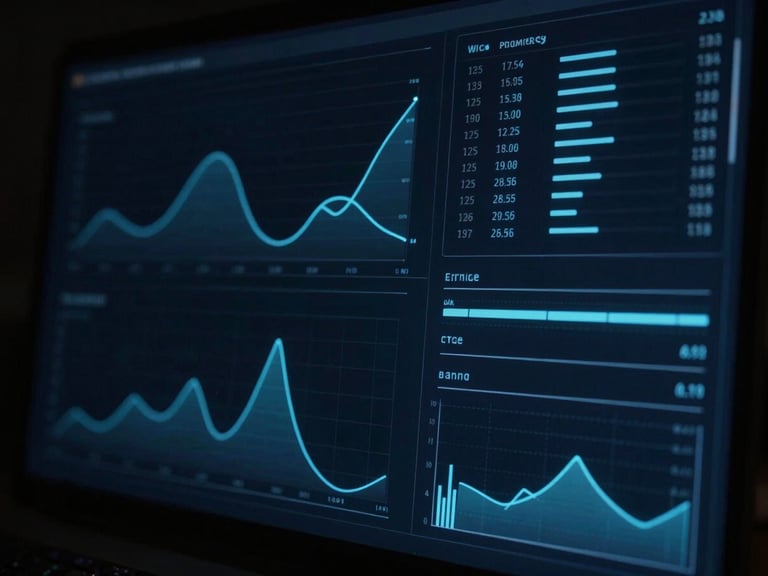 Abstract digital interface displaying analytics graphs and data visualization, glowing blue lines on a dark screen, tech-minimalist aesthetic