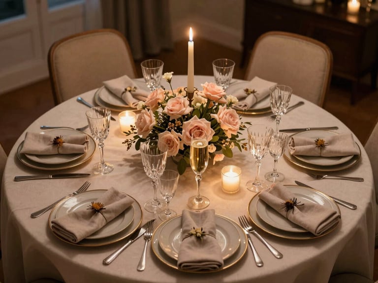 Intimate private dinner setting in a candlelit dining room, a round table for eight with layered champagne and blush florals low at center, individual charger plates with folded linen napkins, candlelight glinting off crystal stemware, warm golden ambient light, shot from slightly above
