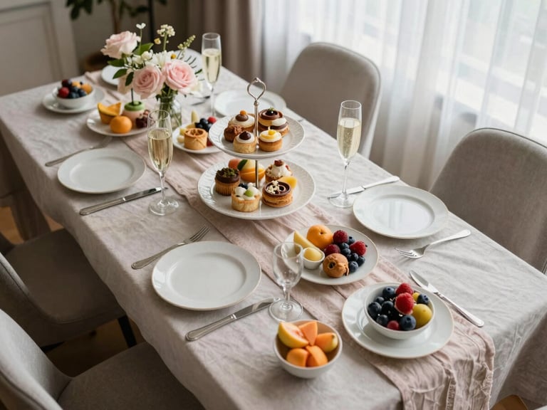 Overhead 45-degree wide shot of an elegant brunch table spread, pastel linen runner, tiered stand with petite pastries, small bowls of seasonal fruit, flute glasses with champagne, blush florals tucked between serving dishes, soft natural window light diffused through sheer curtains from the right