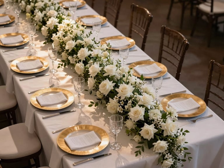 Overhead 45-degree angle of a full wedding banquet table in an elegant ballroom, white florals cascading along the center, gold-rimmed charger plates, crystal glassware in neat rows, soft warm strobe light raking across linens from the left