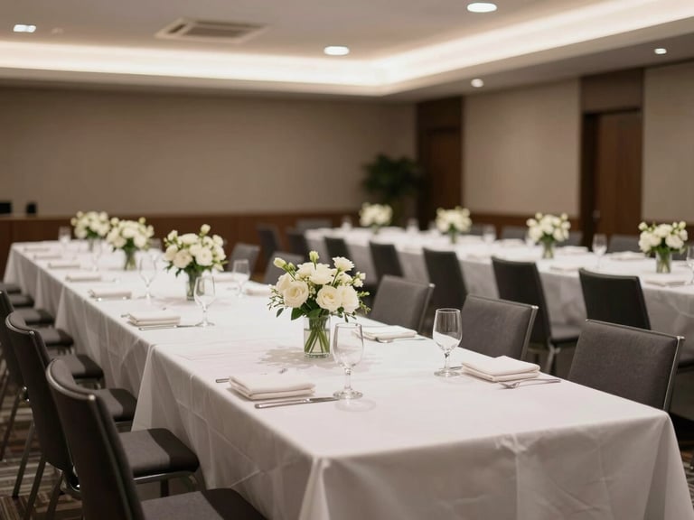 Wide environmental shot of a corporate luncheon setup in a modern conference venue, long white-clothed tables with minimalist centerpieces of single-stem white flowers, polished glassware and folded napkins, warm diffused overhead lighting, empty room before service begins