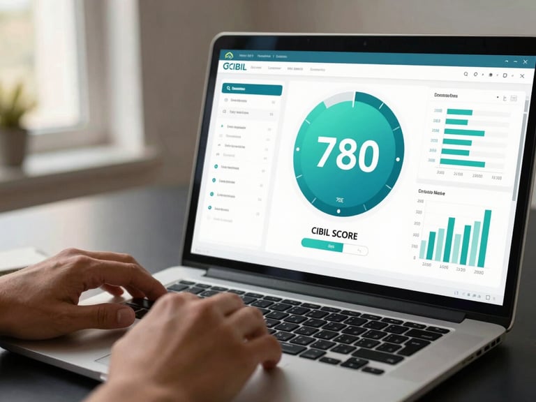 Close-up of a financial dashboard on a laptop screen, cyan-tinted CIBIL score dial prominently displayed at 780, bar charts of loan eligibility data visible alongside, warm office daylight from the left, hands resting at keyboard edge, dark navy desk surface, desaturated warm tones, documentary product-shot framing