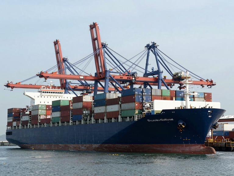 Wide-angle environmental shot of modern architectural port, massive container ships, cool crisp daylight, deep navy tones, 35mm