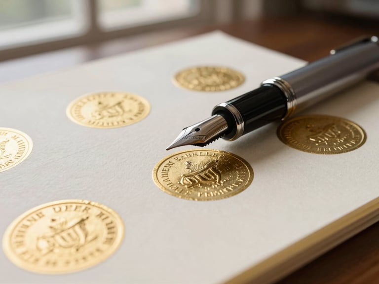 Tight macro detail of heavy cream-colored cotton paper documents with gold-embossed seals, a classic fountain pen resting on top, soft side-lighting from an office window.