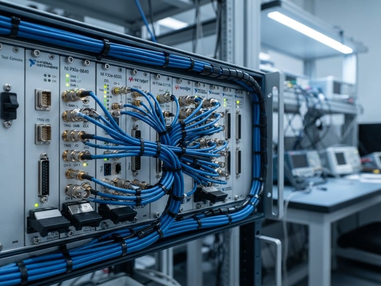 Crisp industrial photography of a clean PXI test rack with neat blue wiring harnesses under cool laboratory lighting, sharp macro focus, 35mm