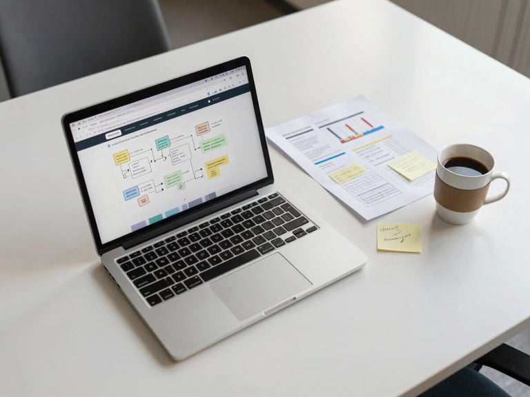 Overhead process shot of a wide desk with an open laptop showing a website wireframe, printed user-flow sketches, sticky notes with annotations, and an analytics printout beside a coffee cup, natural office light from above, clean neutral background