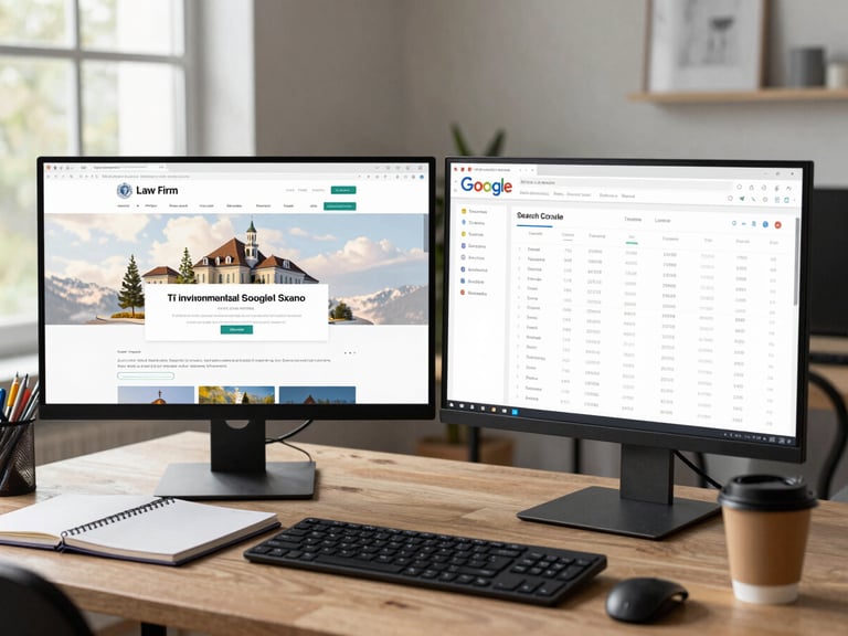 Wide environmental shot: a designer's dual-monitor workstation showing a law firm website wireframe on one screen and a Google Search Console analytics dashboard on the other, natural light from a side window, notebooks and a coffee cup on the desk