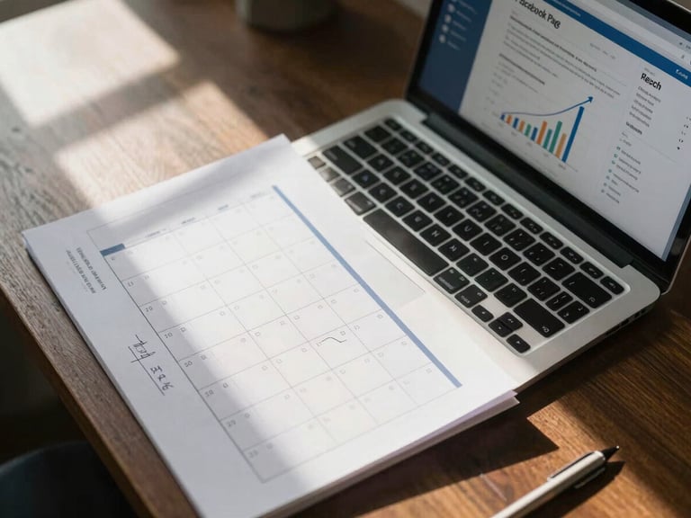 Overhead process shot of a desk with a printed content calendar, handwritten weekly notes, and a laptop open to a Facebook Page insights dashboard showing reach and impressions climbing month over month, natural window light casting soft shadows