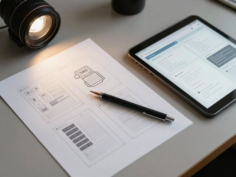 Overhead process shot: a desk surface with printed website wireframe sketches, a tablet displaying a SaaS dashboard UI in progress, a mechanical pencil resting on the sketches, clean studio lighting from above, muted neutral desk surface
