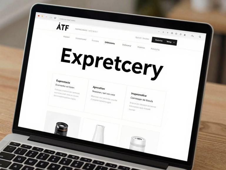 Close-up of a laptop screen showing a clean e-commerce product page with bold typography and a structured grid layout, photographed on a light oak desk under diffused overhead office light, keyboard partially visible at bottom