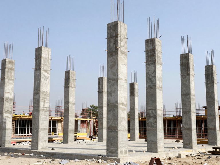 Wide environmental shot of an active Indian construction site, concrete pillars rising under bright daylight, high-contrast industrial tones.