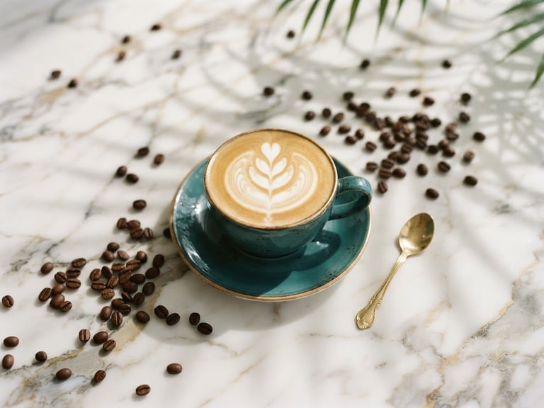 Overhead shot of a luxurious teal ceramic coffee cup with intricate latte art on a marble countertop, soft morning sunlight casting palm leaf shadows, surrounded by scattered coffee beans and a gold spoon. Wide panoramic frame.