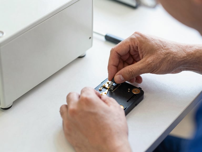 Close-up of a technician's hands carefully working on appliance components on a clean work mat, bright utility light, sharp focus.
