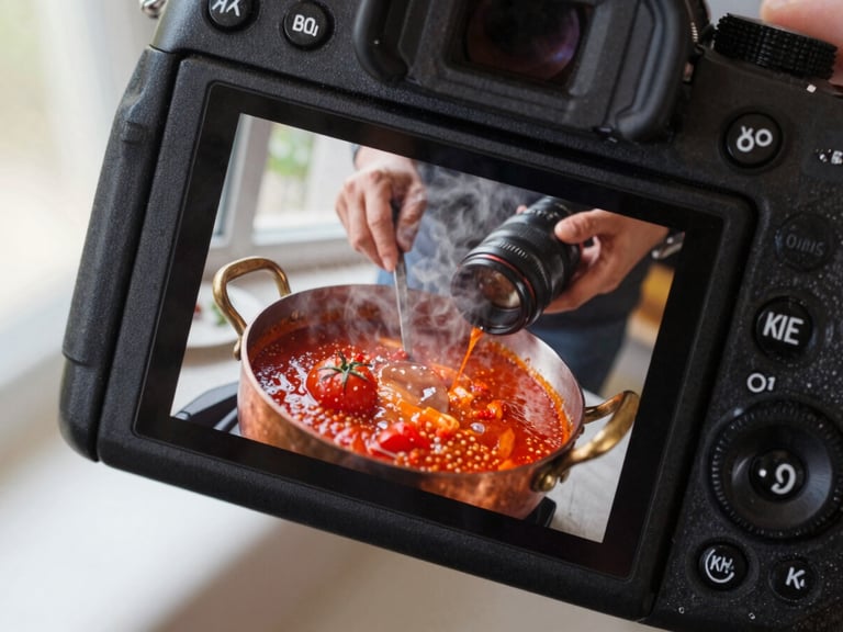 A close-up of a high-end mirrorless camera screen displaying a live food shoot of simmering tomato sauce in a copper pot, steam rising, hands of a photographer adjusting the lens in soft window daylight.