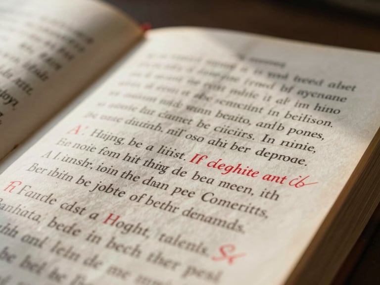 Extreme macro shot of a heavily annotated physical manuscript page, elegant red-pen corrections in margins, soft indirect daylight from a side window casting gentle shadows, high-contrast paper texture.