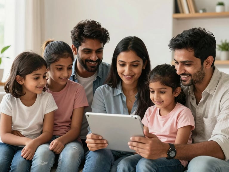 A diverse Indian family using multiple digital services on a tablet, warm natural daylight, clean modern Indian setting.