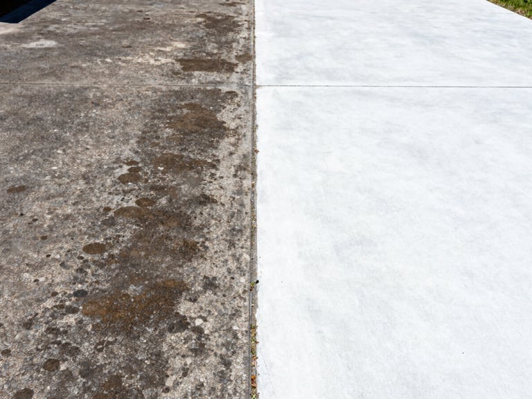 High-contrast split image showing a concrete driveway half covered in dark mold and half restored to sparkling white concrete, bright sunlight